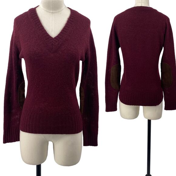 Vintage 60s Hudsons Detroit Sweater Shetland Wool V Neck Elbow Patches Burgundy - Picture 2 of 13